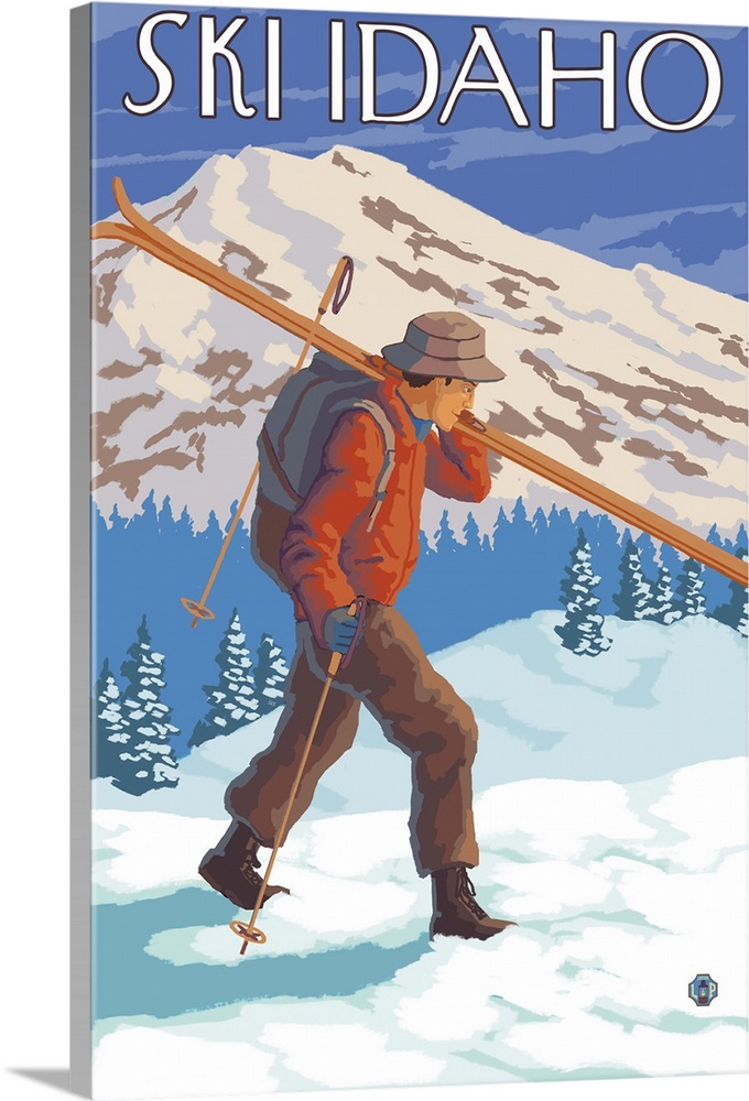 Skier Carrying Snow Skis - Idaho: Retro Travel Poster