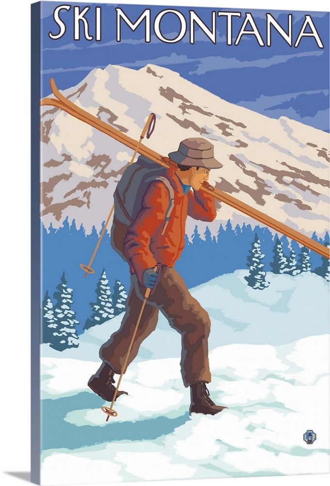 Skier Carrying Snow Skis - Montana: Retro Travel Poster