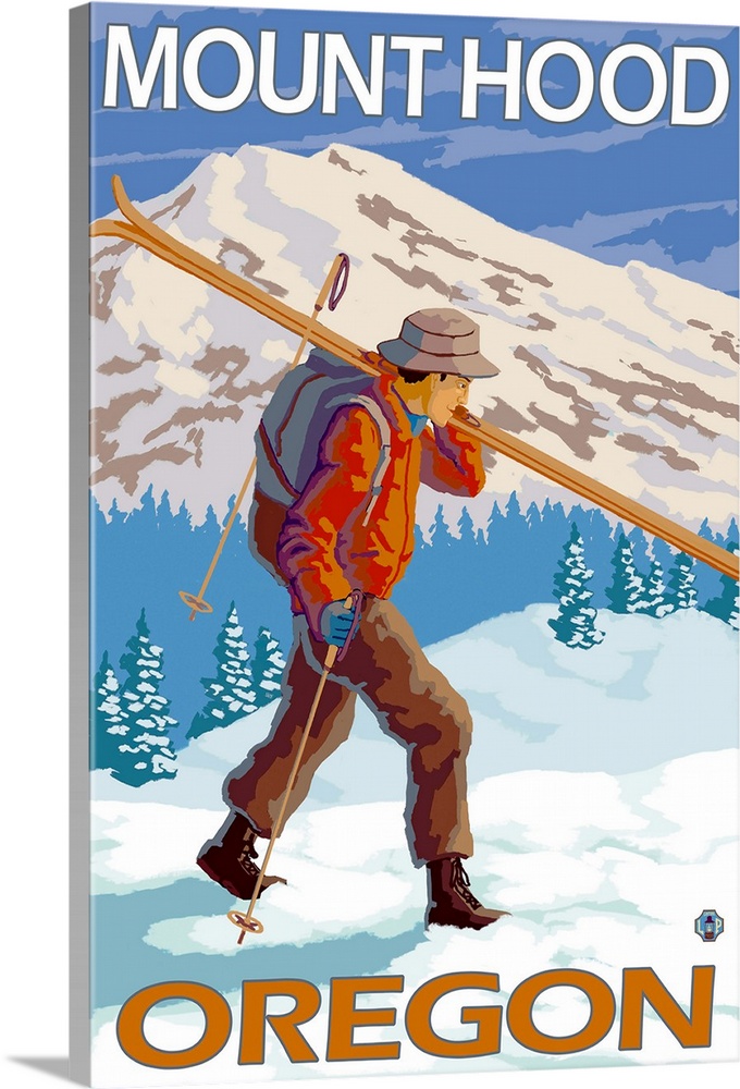 Skier Carrying Snow Skis - Mount Hood, Oregon: Retro Travel Poster
