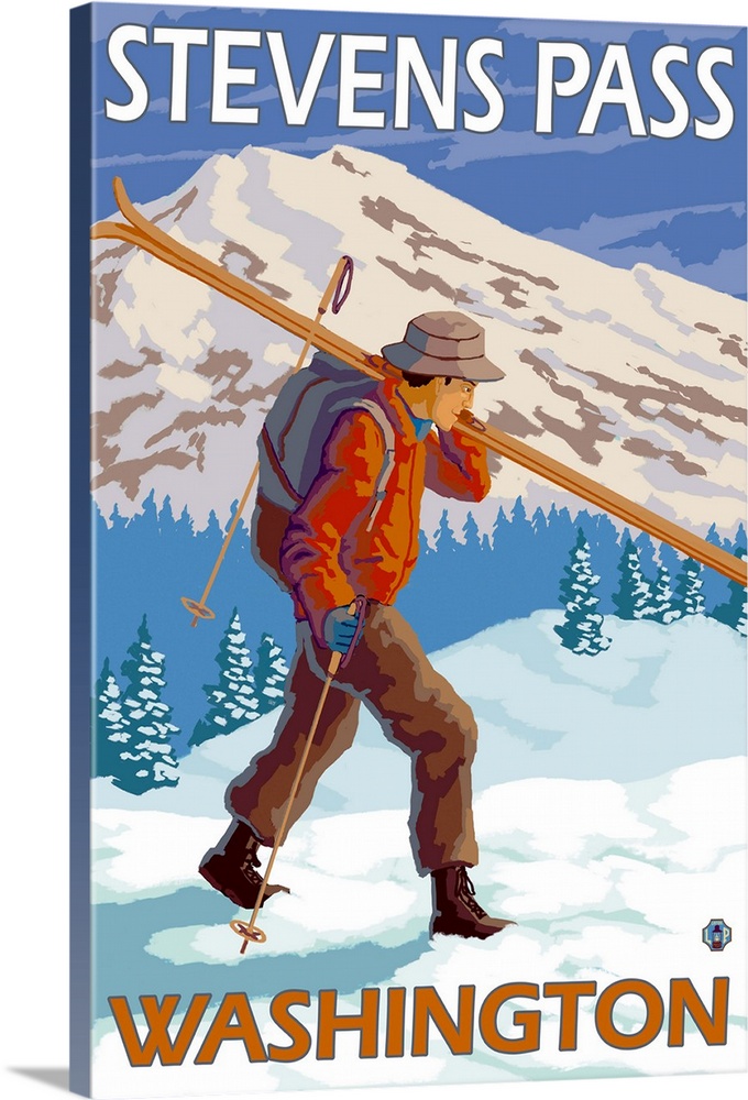 Skier Carrying Snow Skis - Stevens Pass, Washington: Retro Travel Poster