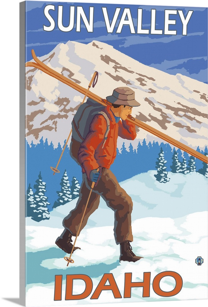 Skier Carrying Snow Skis - Sun Valley, Idaho: Retro Travel Poster