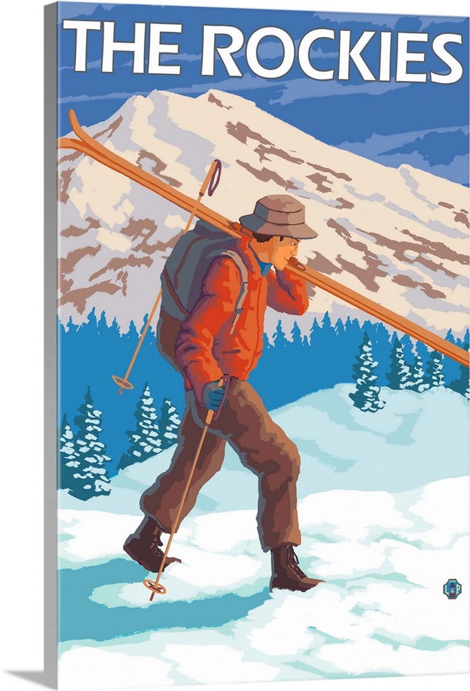 Skier Carrying Snow Skis - The Rockies: Retro Travel Poster