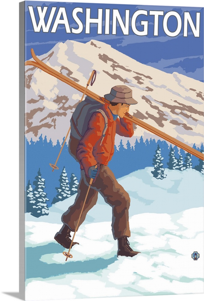 Skier Carrying Snow Skis - Washington: Retro Travel Poster