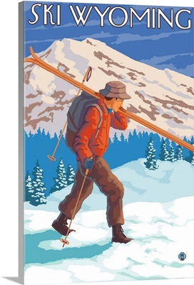 Skier Carrying Snow Skis - Wyoming: Retro Travel Poster