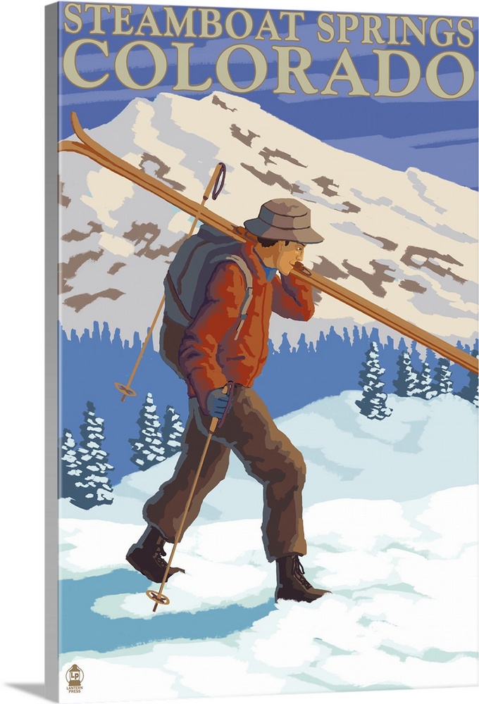 Skier Carrying - Steamboat Springs, Colorado: Retro Travel Poster