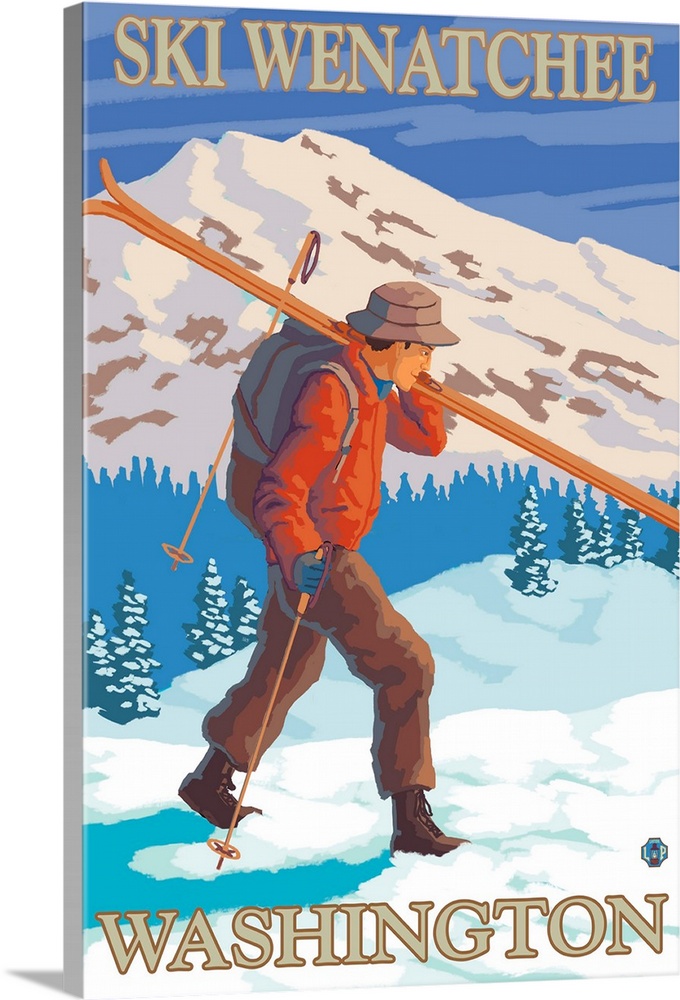 Skier Carrying - Wenatchee, WA: Retro Travel Poster