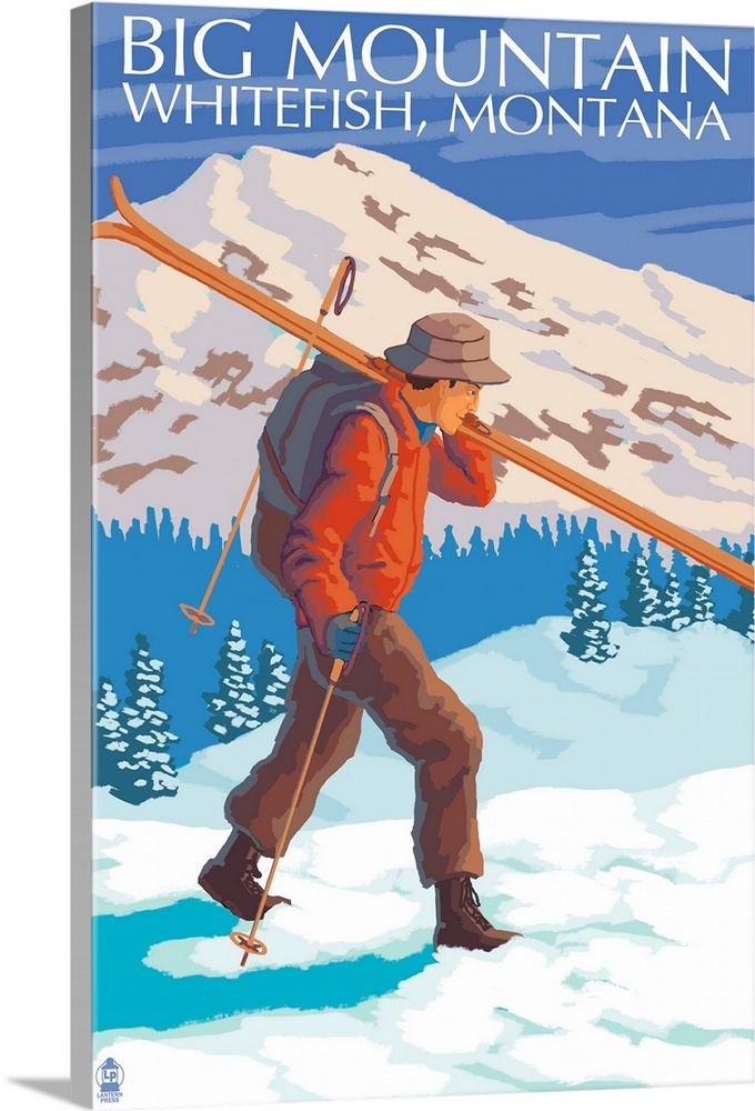 Skier Carrying - Whitefish, Montana - Snowboarder Jumping: Retro Travel Poster