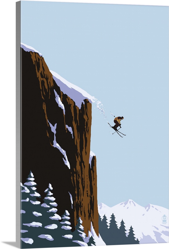 Retro stylized art poster of a skier leaping of the edge of a mountain.