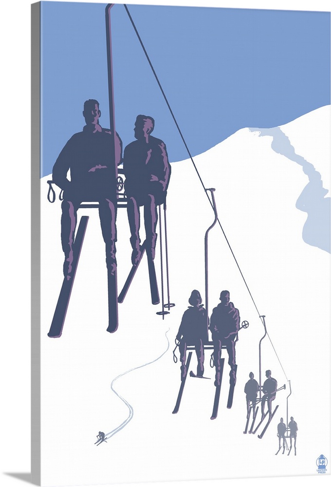Retro stylized art poster of silhouetted skiers on ski lift.