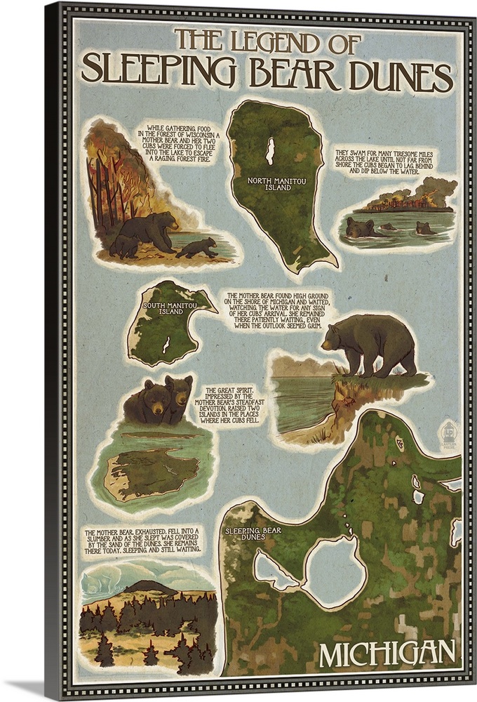 Sleeping Bear Dunes, Michigan - Sleeping Bear Dunes Legend Map: Retro Travel Poster