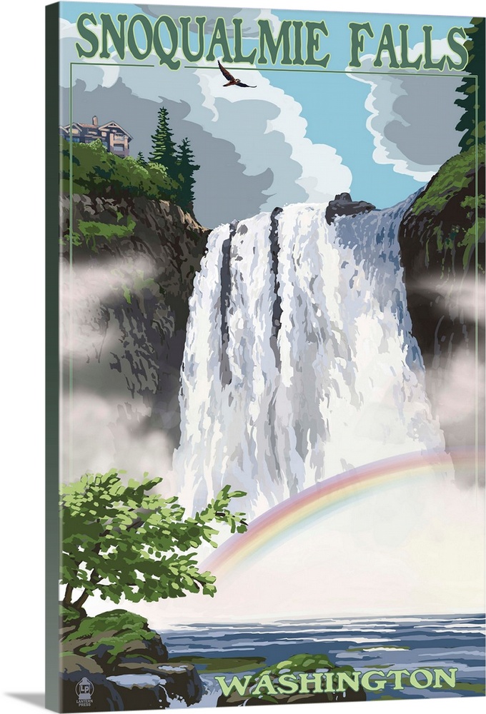 Retro stylized art poster of a waterfall in the wilderness creating a rainbow in the misty spray from its rushing water.