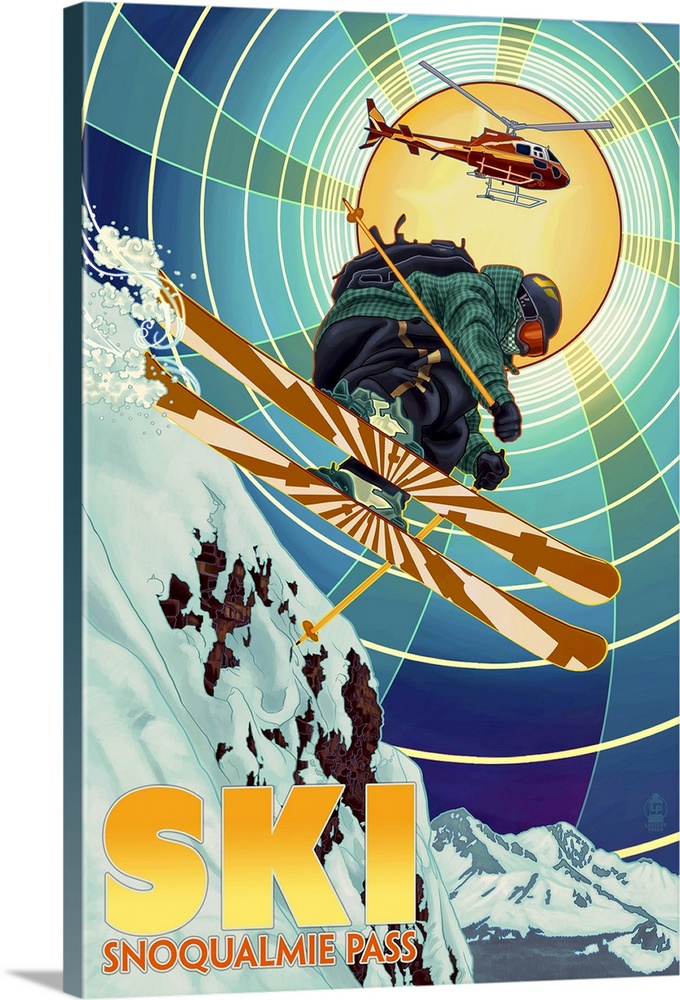 Snoqualmie Pass, Washington -  Heli-Skiing: Retro Travel Poster