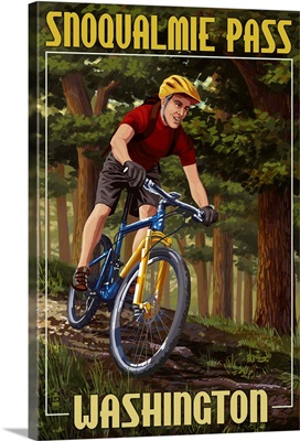 Snoqualmie Pass, Washington - Mountain Biker in Trees: Retro Travel Poster
