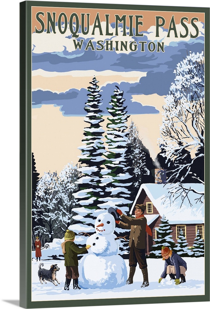 Snoqualmie Pass, Washington - Snowman Scene: Retro Travel Poster
