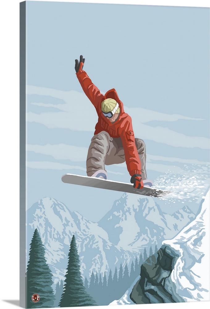 Retro stylized art poster of a snowboarder jumping into the air. With a mountain range in the background.