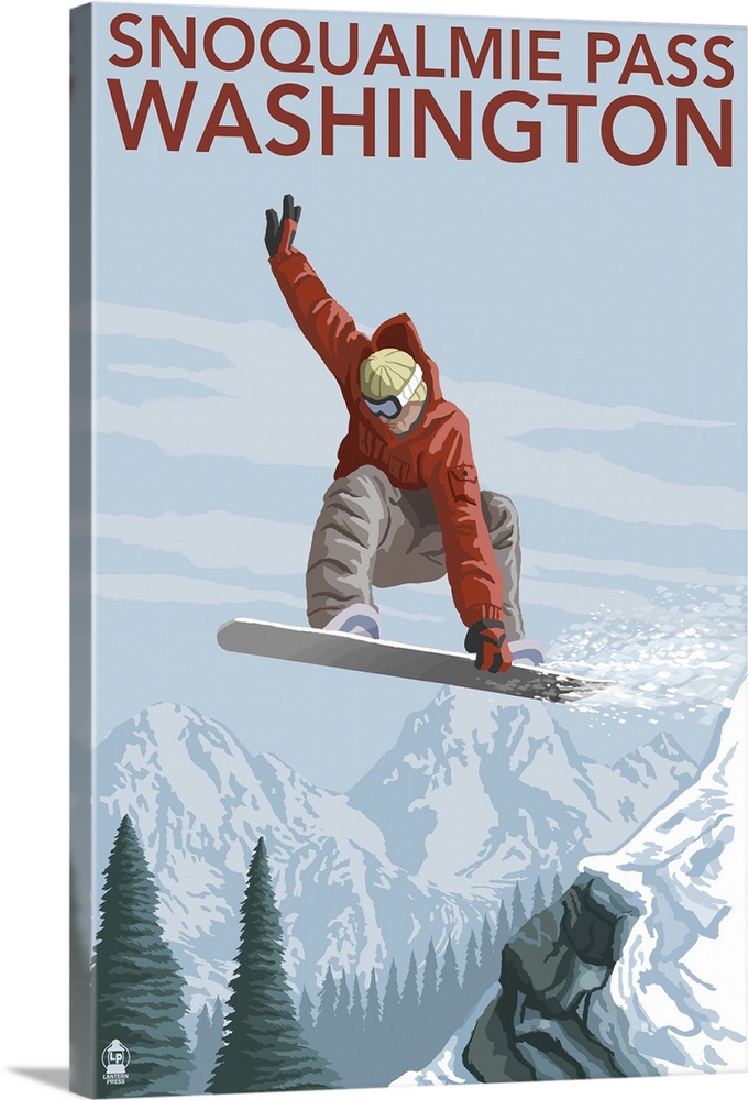 Snowboarder Jumping - Snoqualmie Pass, Washington: Retro Travel Poster
