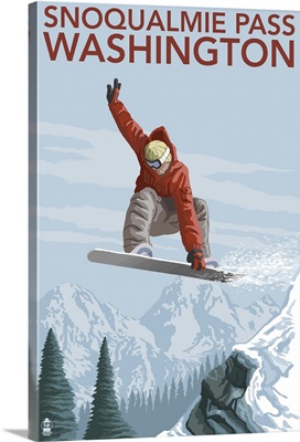 Snowboarder Jumping - Snoqualmie Pass, Washington: Retro Travel Poster
