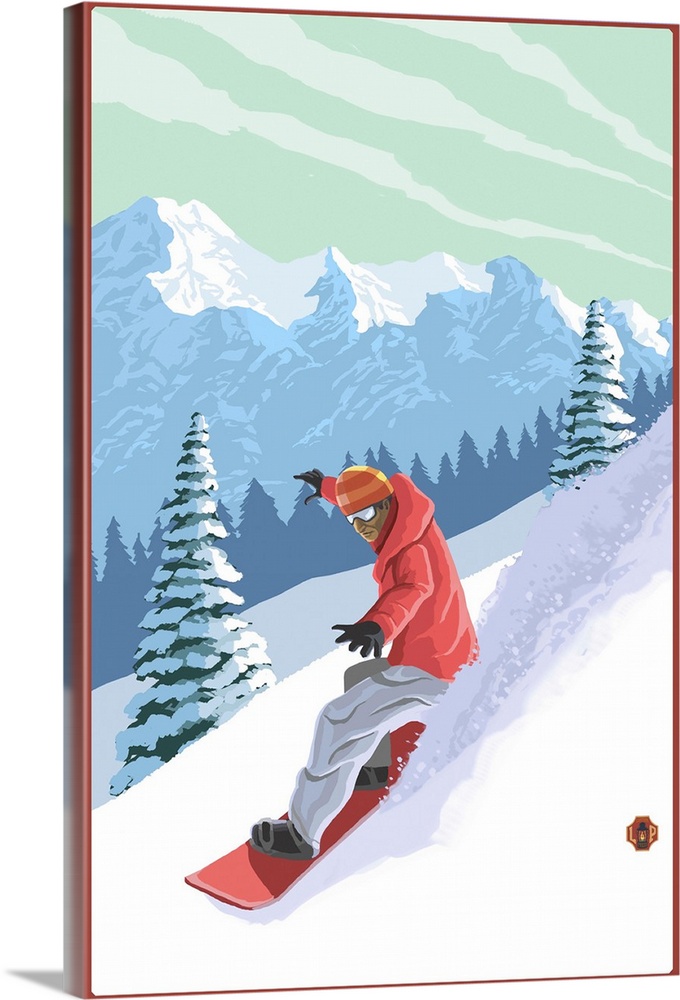 Retro stylized art poster of a snowboarder, with a mountain range in the background.