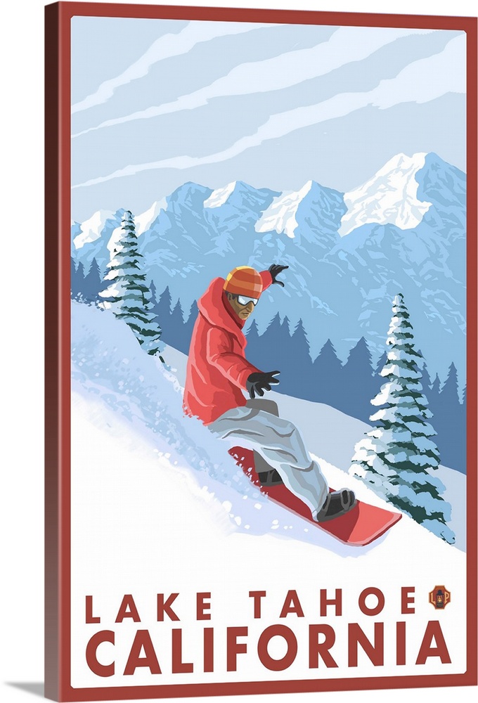 Snowboarder Scene - Lake Tahoe, California: Retro Travel Poster