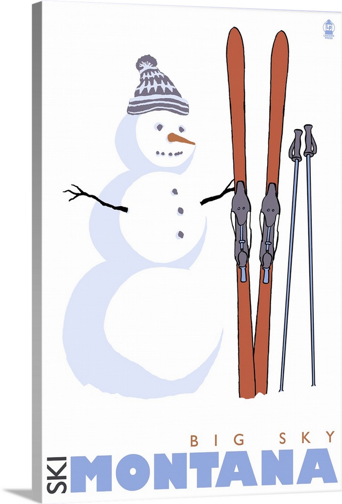 Snowman with Skis - Big Sky, Montana: Retro Travel Poster