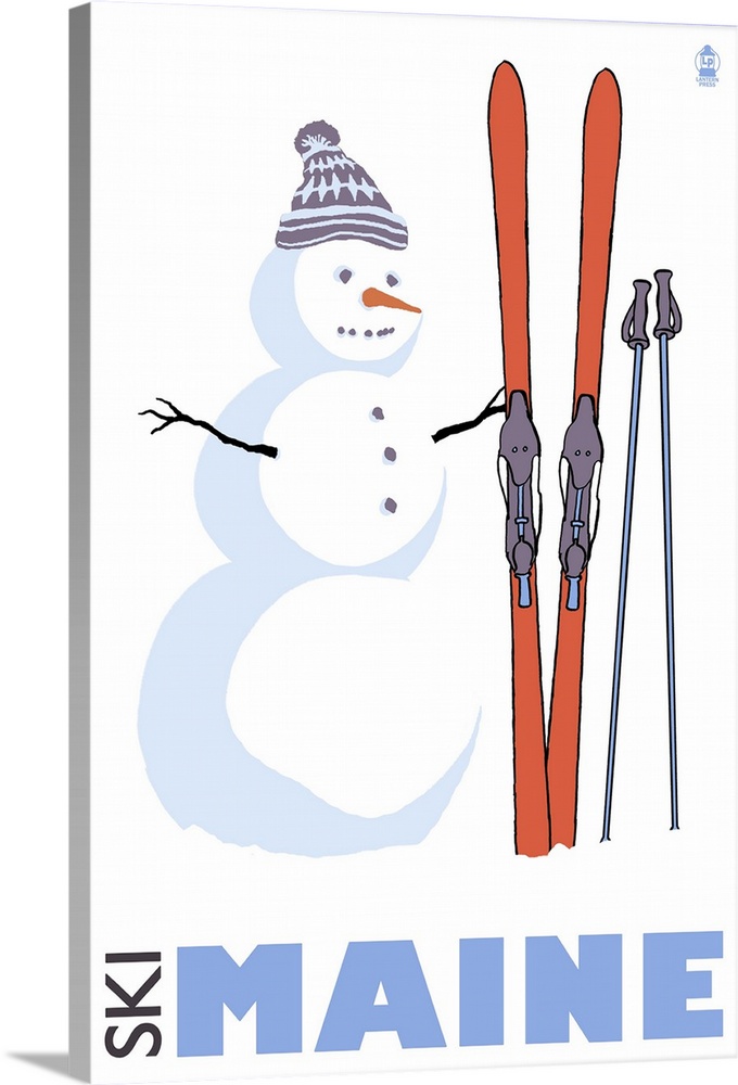 Snowman with Skis - Maine: Retro Travel Poster