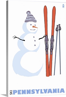 Snowman with Skis - Pennslyvania: Retro Travel Poster