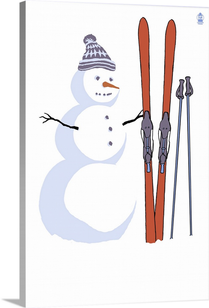 Retro stylized art poster of a snowman standing beside a pair of skies.