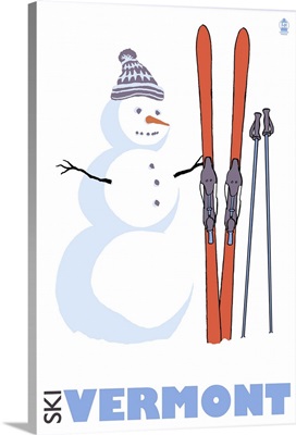 Snowman with Skis - Vermont: Retro Travel Poster