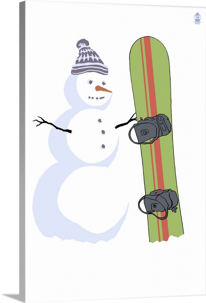 Retro stylized art poster of a snowman standing beside a snowboard.