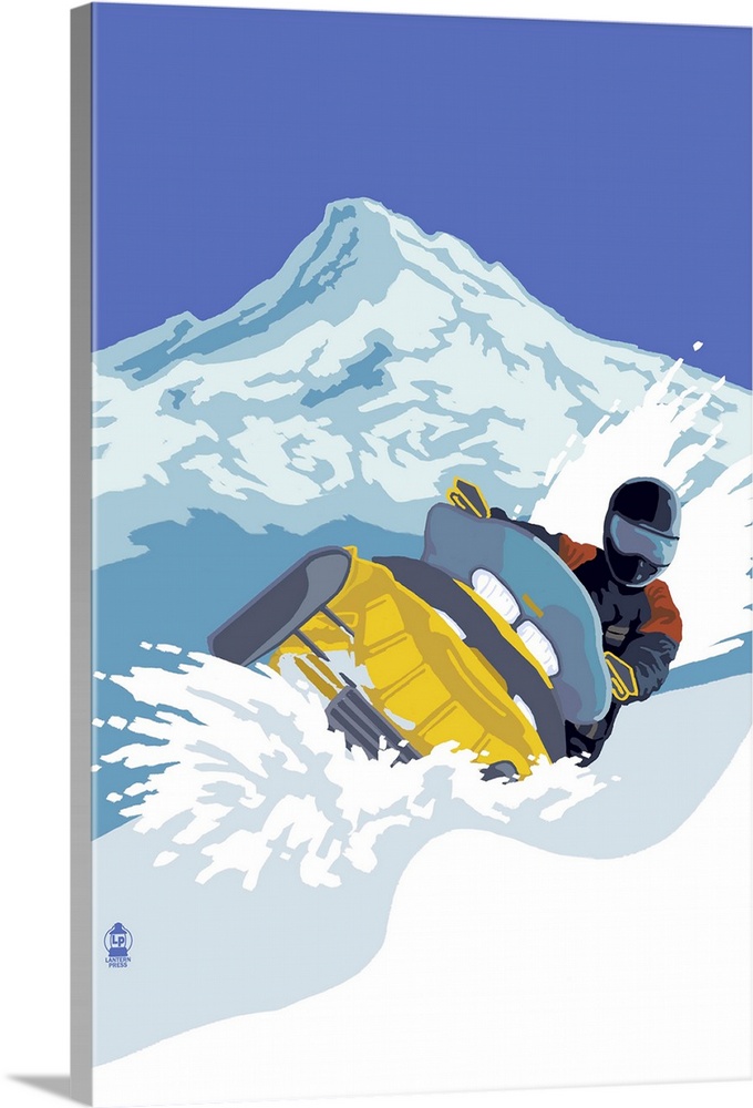 Retro stylized art poster of a person on a snowmobile, kicking up fresh snow.