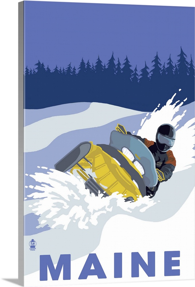 Snowmobile Scene - Maine: Retro Travel Poster