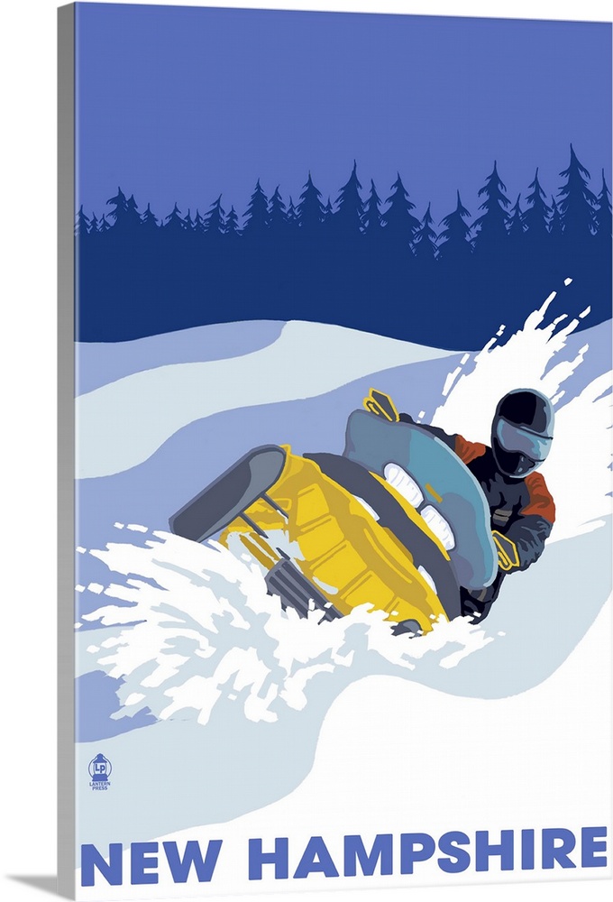Snowmobile Scene - New Hampshire: Retro Travel Poster