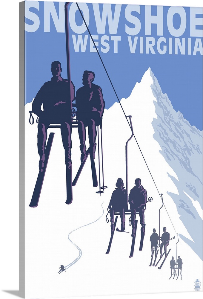 Snowshoe, West Virginia - Skiers on Lift: Retro Travel Poster