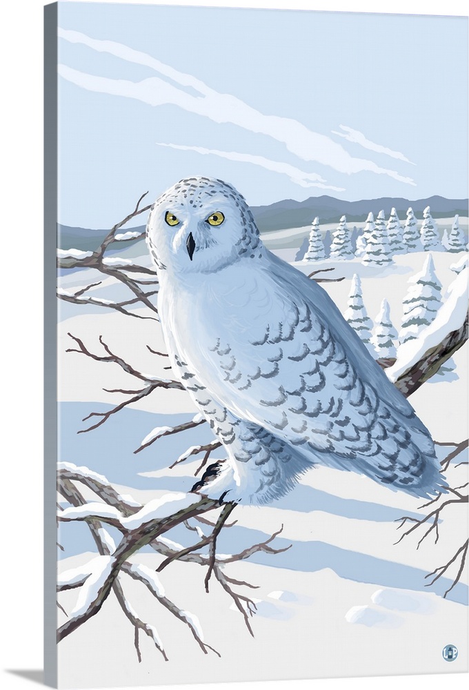Retro stylized art poster of a snowy owl perched on a branch.