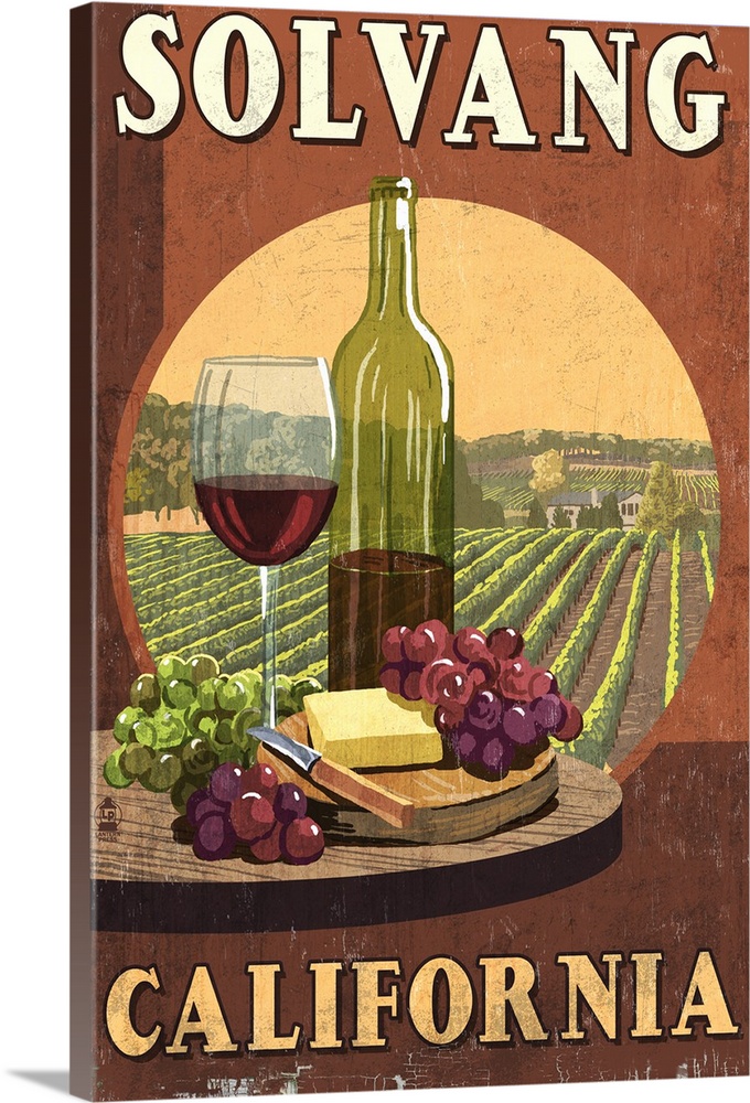 Solvang, California - Wine Vintage Sign: Retro Travel Poster