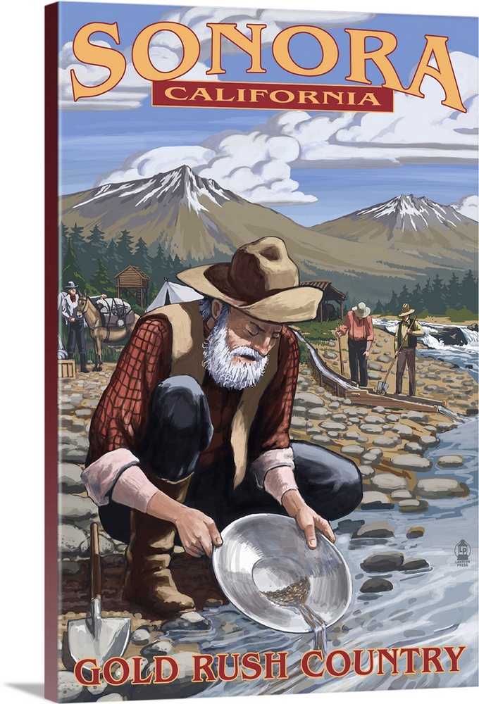 Retro stylized art poster of a pioneer knelt beside a rocky stream, panning for gold.