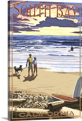 South Bay, California - Sunset Beach Scene: Retro Travel Poster