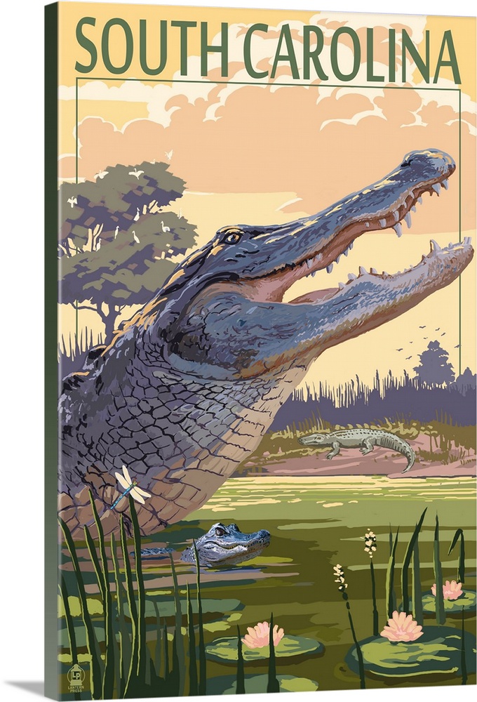Retro stylized art poster of a mother alligator swimming with her baby in a swamp.