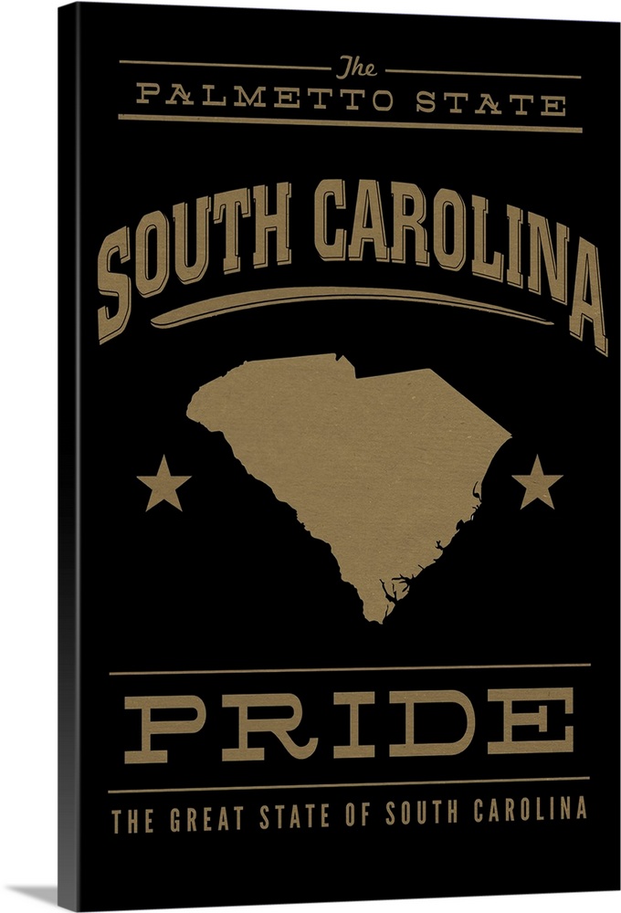 The South Carolina state outline on black with gold text.