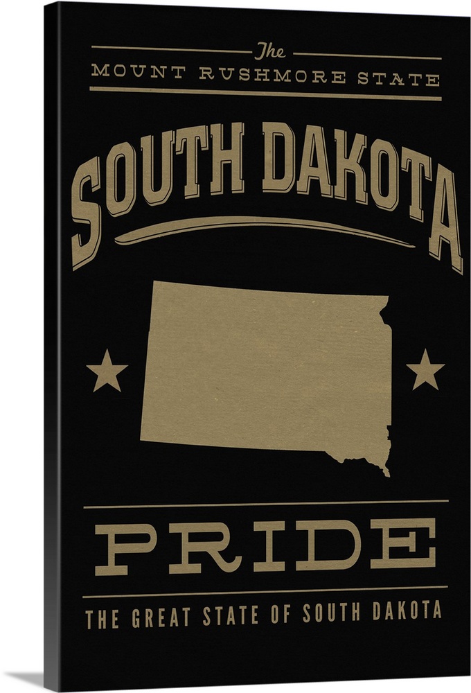 The South Dakota state outline on black with gold text.