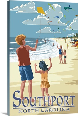 Southport, North Carolina - Kite Flyers - Lantern Press Poster