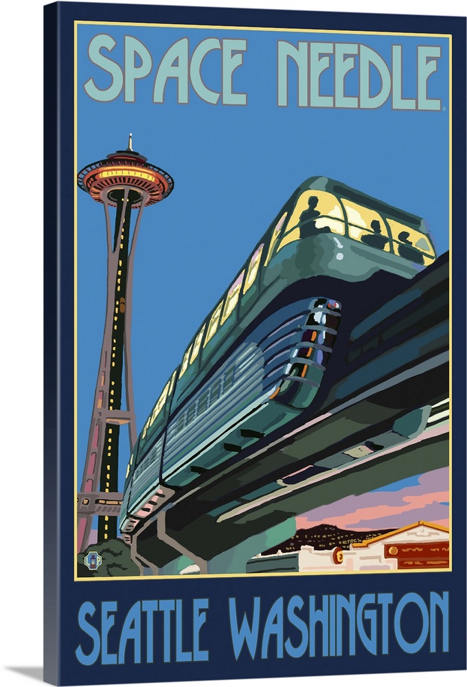 Space Needle and Monorail - Seattle: Retro Travel Poster