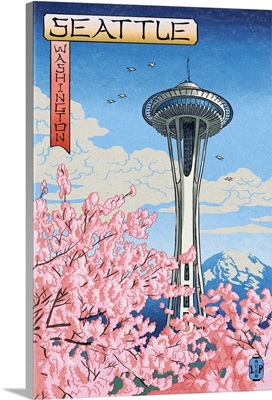 Space Needle, Cherry Blossoms Woodblock, Seattle, Washington