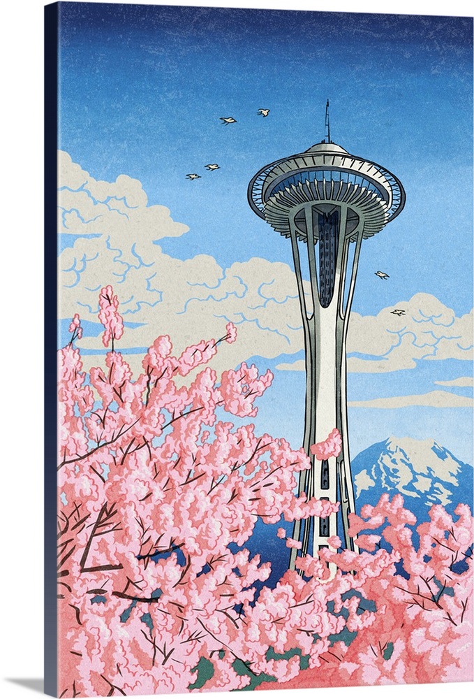 Space Needle, Cherry Blossoms Woodblock, Seattle, Washington