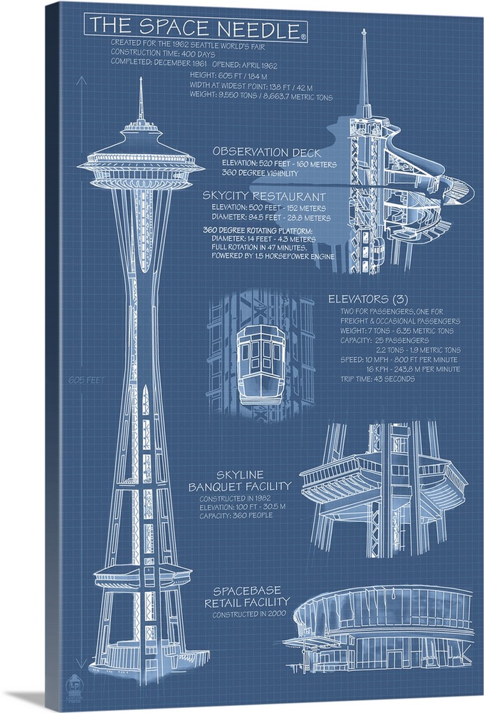 Space Needle Technical Drawing (Blueprint): Retro Travel Poster