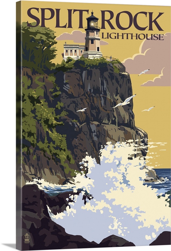 Split Rock Lighthouse Minnesota Retro Travel Poster Wall Art, Canvas