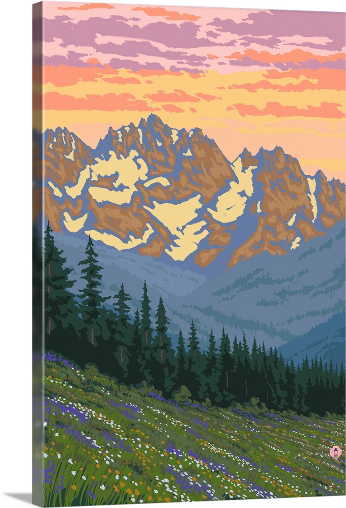 Retro stylized art poster of a mountain range with spring flowers in the foreground.