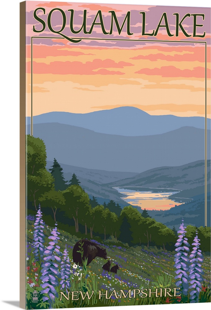 Squam Lake, New Hampshire - Bears and Spring Flowers: Retro Travel Poster
