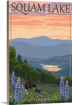 Squam Lake, New Hampshire - Bears and Spring Flowers: Retro Travel Poster