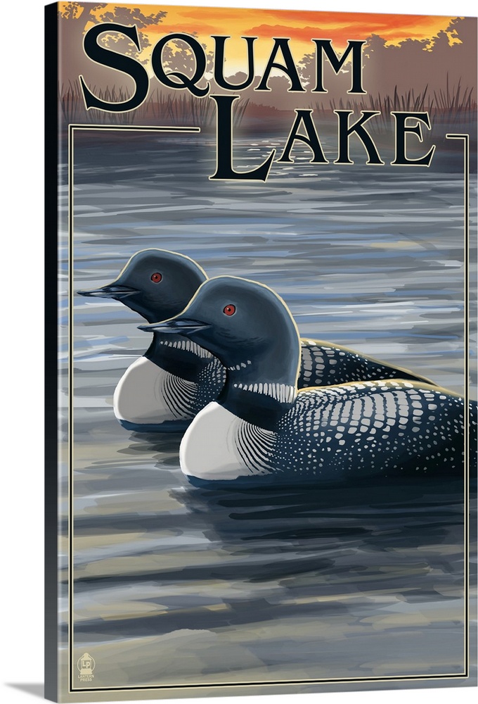 Retro stylized art poster of a pair of loons in a lake at sunset.